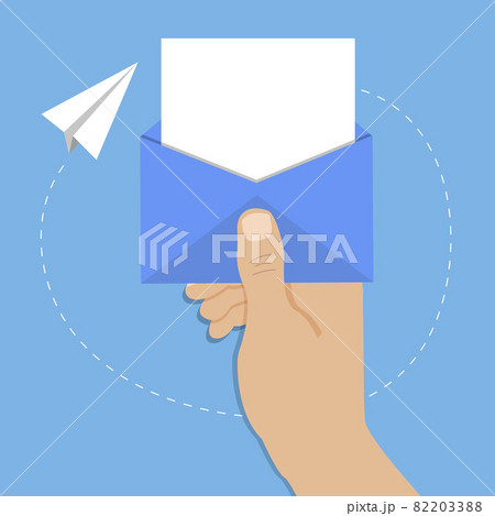 Hand hold open blue postal envelope 82203388