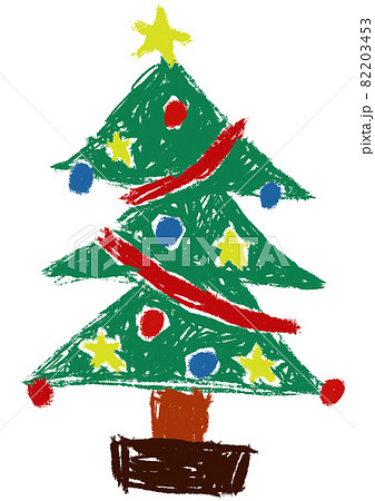 子供がクレヨンで描いたようなクリスマスツリーの手描きイラスト（クリスマスの挿絵やアイコン等に） 82203453