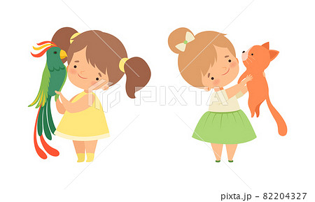 Cute Little Girl Interacting with Animal in Petting Zoo Vector Set 82204327