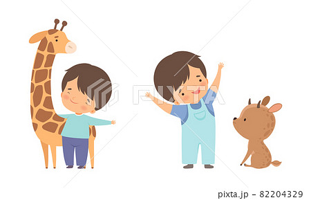 Cute Little Boy Interacting with Animal in Petting Zoo Vector Set Cute Little Boy Interacting with Animal in Petting Zoo Vector Set 82204329