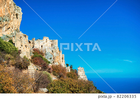Saint Hilarion Castle on a cliff above the Mediterranean Sea. Kyrenia, Cyprus Saint Hilarion Castle on a cliff above the Mediterranean Sea. Kyrenia, Cyprus 82206335