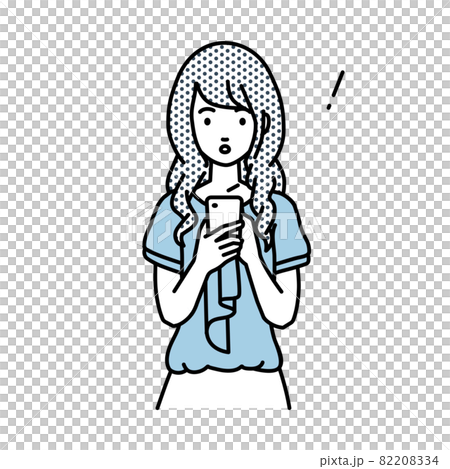 立ってスマートフォンを操作して何かに気づいて驚いたオフィスカジュアルの女性 82208334