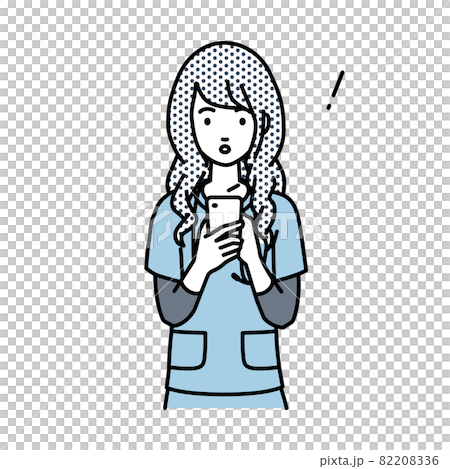 立ってスマートフォンを操作して何かに気づいて驚いた看護師の女性 82208336