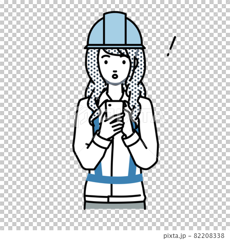 立ってスマートフォンを操作して何かに気づいて驚いた工事現場の女性 82208338