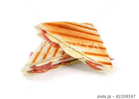 Grilled double sandwich with Italian salami and melting cheese on white background Grilled double sandwich with Italian salami and melting cheese on white background 82208397