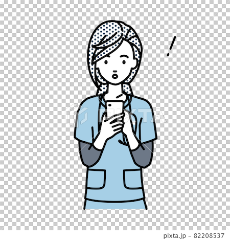 立ってスマートフォンを操作して何かに気づいて驚いた看護師の女性 82208537