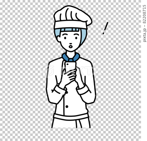 A cook woman who was surprised to notice something while standing and operating a smartphone A cook woman who was surprised to notice something while standing and operating a smartphone 82208715