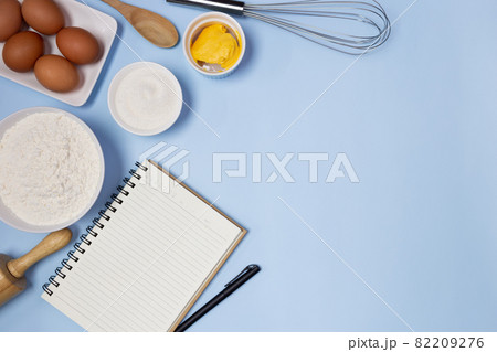 food ingredients on a blue background food ingredients on a blue background 82209276
