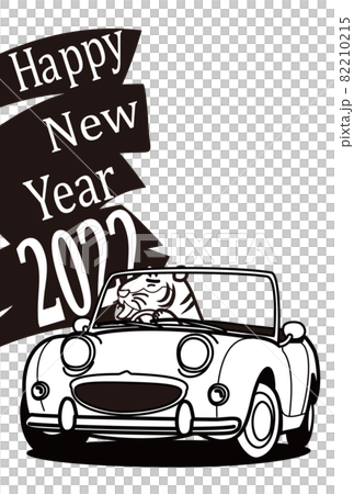 2022年年賀状　テンプレート　寅とレトロなブリティッシュスポーツ　ぬり絵風 82210215