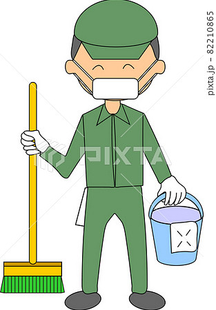 男性清掃員 ミドリ のイラスト デッキブラシのイラスト素材