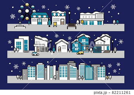 シンプルでかわいい冬の街並みのベクターイラスト素材 ビル 家 クリスマスのイラスト素材