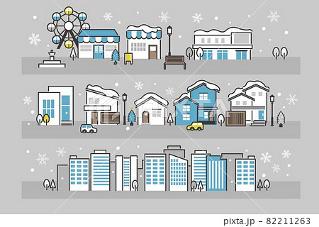 シンプルでかわいい冬の街並みのベクターイラスト素材 ビル 家 クリスマスのイラスト素材