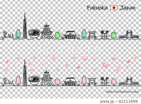 春の福岡県の観光地の街並みのシンプル線画セット 82211699