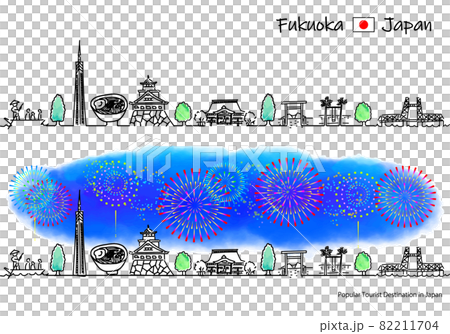 福岡縣觀光景點煙花與街景的簡單線條畫集 82211704