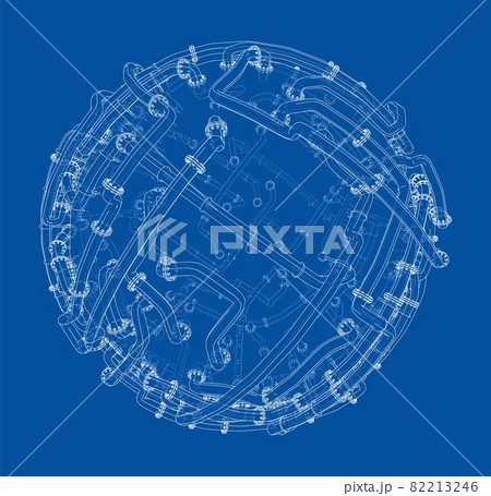 Pipes with flanges around a large sphere. Vector 82213246