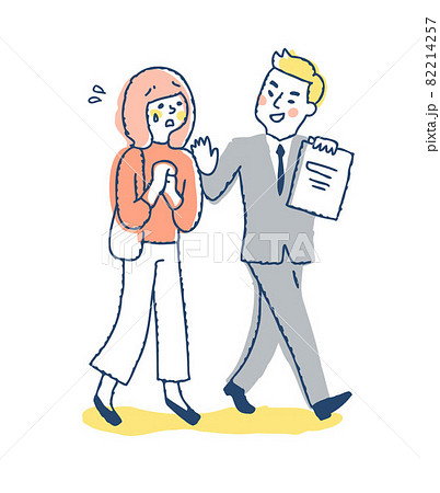 キャッチセールスをするセールスマンと困っている若い女性 キャッチセールスをするセールスマンと困っている若い女性 82214257