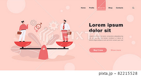 Tiny people standing on weighing dishes of balance scale 82215528
