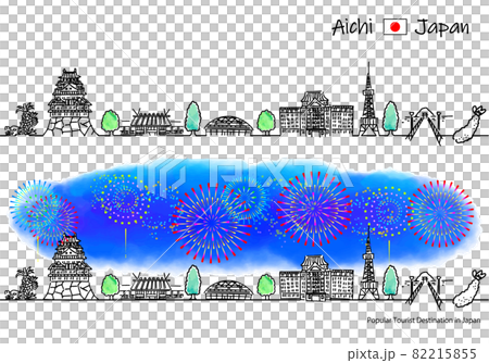Simple line drawing set of cityscape and fireworks in tourist spots in Aichi prefecture Simple line drawing set of cityscape and fireworks in tourist spots in Aichi prefecture 82215855