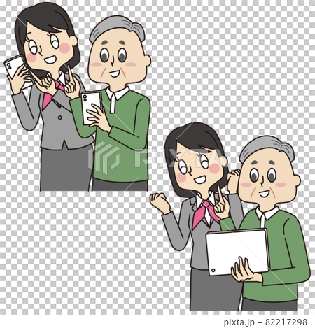 一位穿制服的女流動店員教一位學習如何操作智能手機和平板電腦的老人 82217298