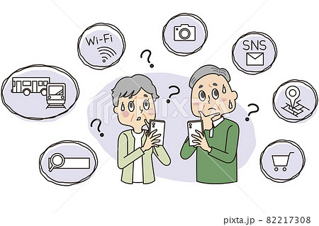 スマホ操作が難しいシニアの男女とアプリのシンプルなアイコンのイラスト素材 スマホ操作が難しいシニアの男女とアプリのシンプルなアイコンのイラスト素材