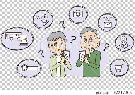 スマホ操作が難しいシニアの男女とアプリのシンプルなアイコンのイラスト素材 スマホ操作が難しいシニアの男女とアプリのシンプルなアイコンのイラスト素材