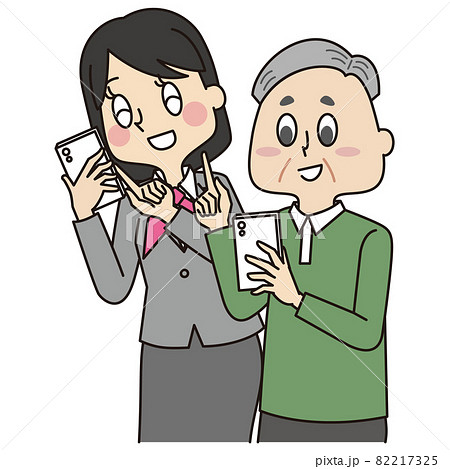 スマホの操作を習うシニア男性と教える制服姿の携帯ショップ店員の男性 82217325