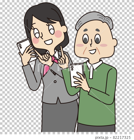 一個學習如何操作智能手機的老人和一個穿制服的移動店員教書 82217325