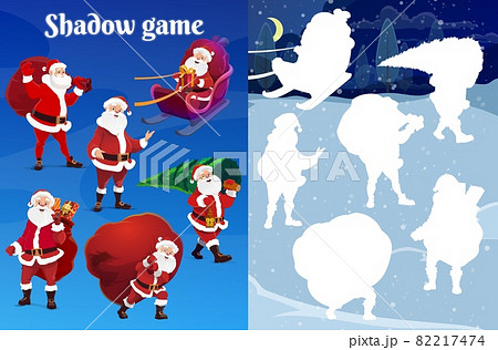 Kids Christmas shadow matching riddle, game with Santa character. Preschooler child playing activity with silhouette compare task. Santa in sleigh, carrying Christmas tree and gift sack cartoon vector Kids Christmas shadow matching riddle, game with Santa character. Preschooler child playing activity with silhouette compare task. Santa in sleigh, carrying Christmas tree and gift sack cartoon vector 82217474