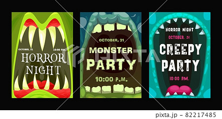 Halloween party vector flyers with monster mouth, cartoon invitation posters with open zombie or alien toothy jaws with sharp teeth and tongues. Happy Halloween horror night event invite cards set Halloween party vector flyers with monster mouth, cartoon invitation posters with open zombie or alien toothy jaws with sharp teeth and tongues. Happy Halloween horror night event invite cards set 82217485