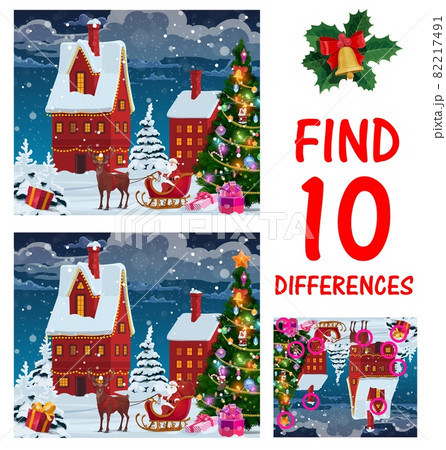 Children Christmas maze or game page. Find ten differences playing activity for kids, preschooler child logic riddle. Santa Claus riding sleigh with reindeer, Christmas tree on city street vector 82217491