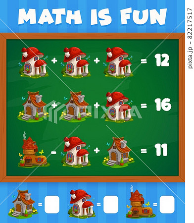 Math game worksheet with cartoon boot and mushroom fairy houses. Education maze for kids, children logical riddle or child quiz, playing activity with calculation task, objects counting exercise Math game worksheet with cartoon boot and mushroom fairy houses. Education maze for kids, children logical riddle or child quiz, playing activity with calculation task, objects counting exercise 82217517