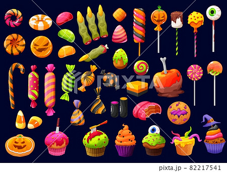 Halloween cartoon candies and lollipops with witch fingers, candy corn and pumpkin cupcakes, vector. Halloween trick or treat sweets, chocolate skulls and liquorice bones, spooky cakes and cookies Halloween cartoon candies and lollipops with witch fingers, candy corn and pumpkin cupcakes, vector. Halloween trick or treat sweets, chocolate skulls and liquorice bones, spooky cakes and cookies 82217541
