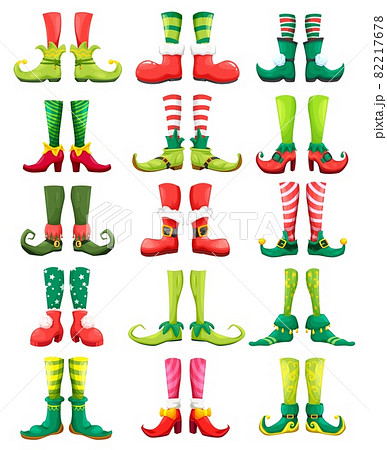 Feets of Christmas elf, leprechaun, gnome, fairy and dwarf with cartoon vector shoes or funny boots with bells, striped socks, stockings and buckles. Xmas holiday and fairy game user interface design 82217678