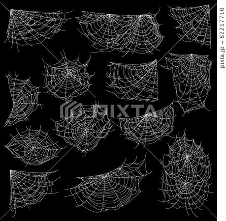 Halloween sticky cobweb and spider web, vector cartoon icons. Halloween holiday spiderwebs and scary nets on corners on black background, horror night party spooky cobwebs silhouettes 82217710