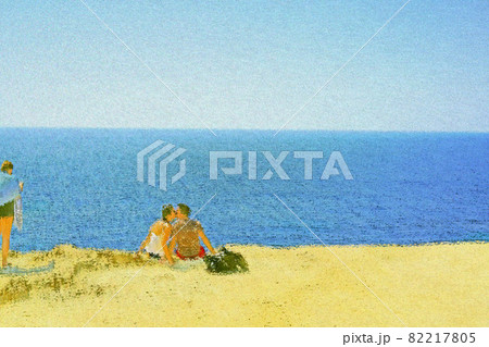 海沿いの崖に座ってキスするカップル 海沿いの崖に座ってキスするカップル 82217805