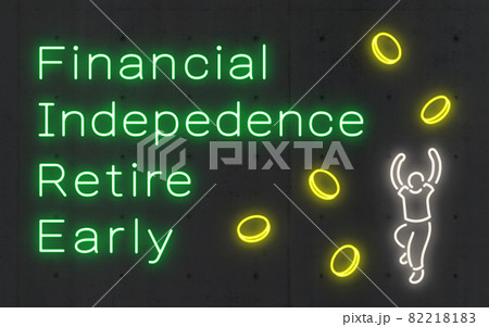 コンクリート壁にf I R Eの文字と黄色いコインと人が書かれたネオン サインのイラスト素材 2181