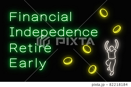 黒バックにF.I.R.Eの文字と黄色いコインと人が書かれたネオン・サイン 82218184