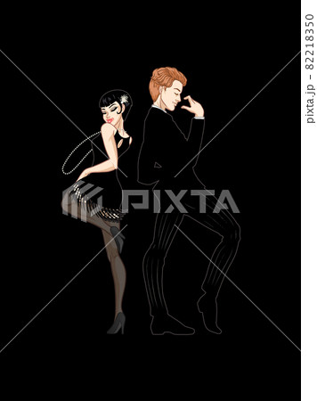 Retro party card, man and woman dressed in 1920s style dancing, flapper girl, handsome guy in vintage suit, twenties, vector illustration 82218350