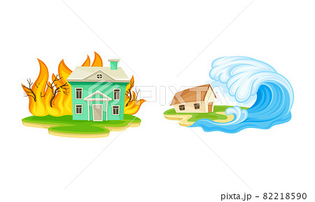 Natural disasters set. Fire and tsunami... - Stock Illustration [82218590]  - PIXTA
