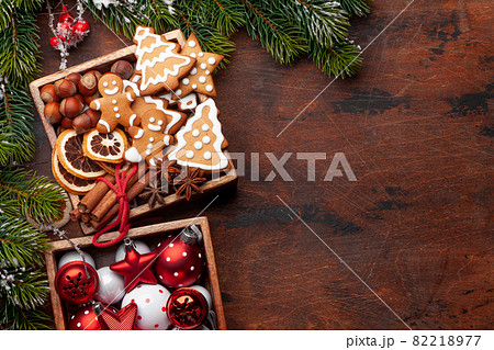 Christmas card with gingerbread decor, cookies and spices Christmas card with gingerbread decor, cookies and spices 82218977