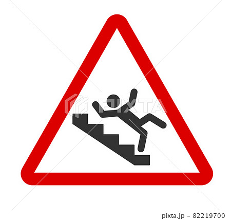 Caution stairway sign. A man falling down the stairs. A sign warning of danger. Slippery stairs icon in red triangle . Vector illustration isolated on white background Caution stairway sign. A man falling down the stairs. A sign warning of danger. Slippery stairs icon in red triangle . Vector illustration isolated on white background 82219700
