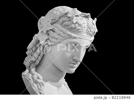 Gypsum copy of ancient statue Venus head isolated on black background. Plaster sculpture woman face Gypsum copy of ancient statue Venus head isolated on black background. Plaster sculpture woman face 82219946