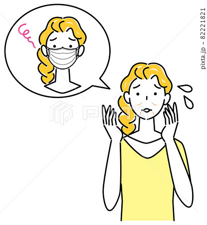 スキンケア マスクの着用が原因で顔のしわやたるみが出来た女性 イラスト シンプル ベクターのイラスト素材 2211
