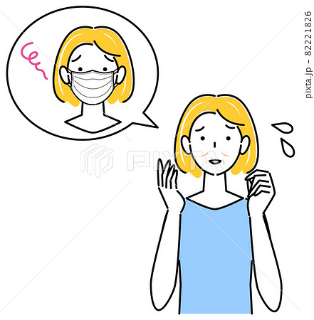 スキンケア マスクの着用が原因で顔のしわやたるみが出来た女性 イラスト シンプル ベクターのイラスト素材 2216