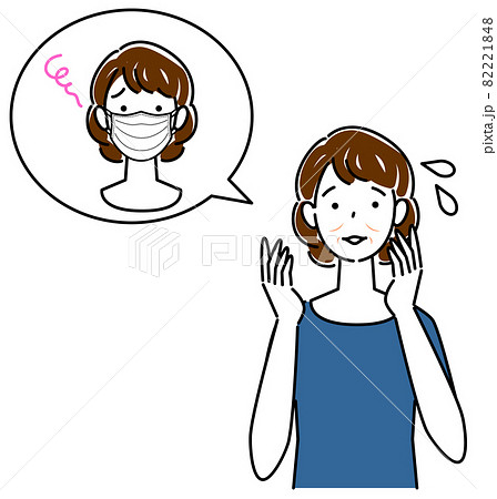 スキンケア マスクの着用が原因で顔のしわやたるみが出来た女性 イラスト シンプル ベクターのイラスト素材