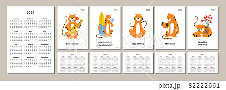 Vertical pocket calendars 2022. Happy New Year 2022. Merry Christmas. Tiger year. Chinese horoscope. Isolated vector illustrations. Motivational quotes. Week starts on Sunday. 82222661