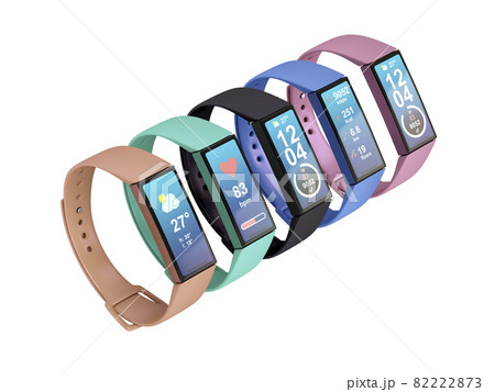 Five colorful fitness trackers. 82222873