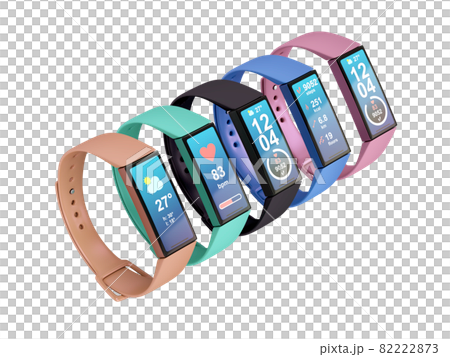 Five colorful fitness trackers. 82222873