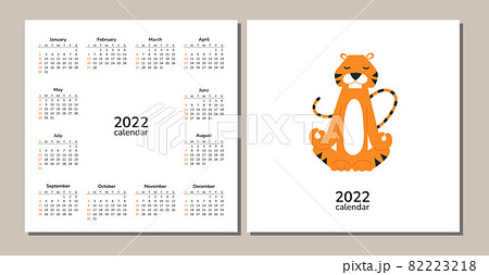 Square desk table wall calendar 2022. Happy New Year. Tigers. Chinese horoscope. Vector isolated cartoon illustration of tiger. Yoga sport meditation relax. Week starts on Sunday Square desk table wall calendar 2022. Happy New Year. Tigers. Chinese horoscope. Vector isolated cartoon illustration of tiger. Yoga sport meditation relax. Week starts on Sunday 82223218