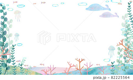 イルカやクラゲや魚などのいる海の中の風景の海の北欧風かわいいベクター白バックフレームイラスト素材のイラスト素材